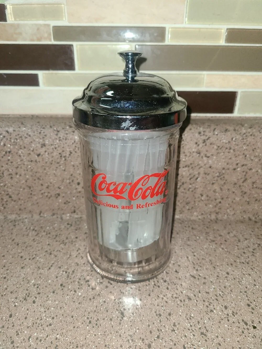 Coca-Cola Glass Straw Stir Stick Dispenser 1992 Coke Straw Holder 6.5